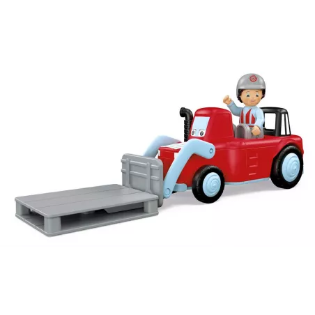 Juguete de granja Willy Worky con tractor cargador modular, figura articulada de granjero y accesorios de juego.