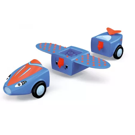 Avión de juguete modular Bill Breezy de Toddys Town con piloto articulado y piezas encajables de colores.