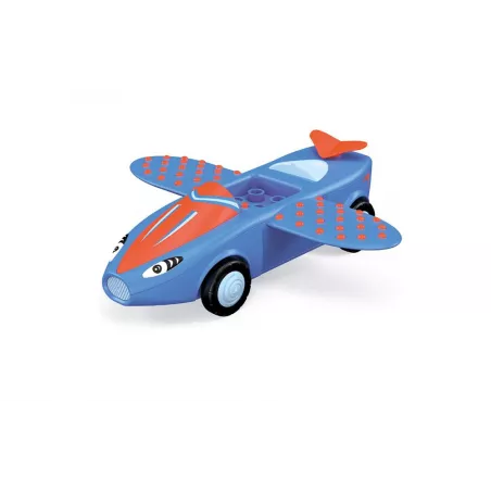 Avión de juguete modular Bill Breezy de Toddys Town con piloto articulado y piezas encajables de colores.