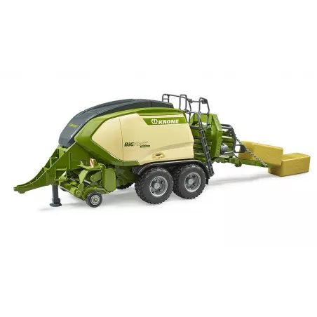 Empacadora de juguete Krone BiG Pack 1290HDP VC de Bruder a escala 1:16 con dos pacas de heno.