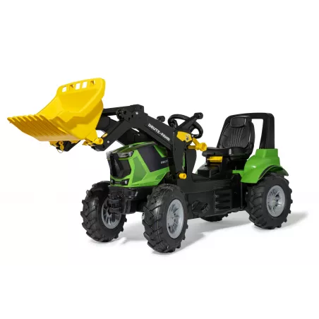 Tractor a pedales infantil Deutz 8280 TTV Rolly Toys con cargador frontal desmontable y ruedas neumáticas.