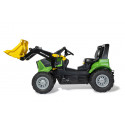 Tractor a pedales infantil Deutz 8280 TTV Rolly Toys con cargador frontal desmontable y ruedas neumáticas.