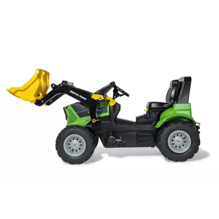 Tractor a pedales infantil Deutz 8280 TTV Rolly Toys con cargador frontal desmontable y ruedas neumáticas.