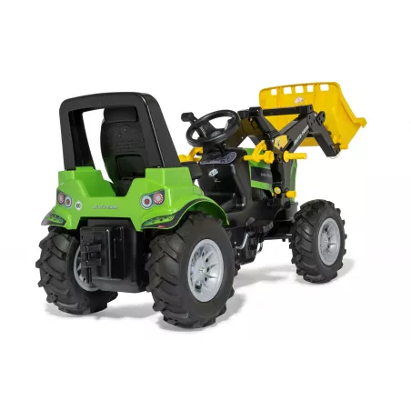 Tractor a pedales infantil Deutz 8280 TTV Rolly Toys con cargador frontal desmontable y ruedas neumáticas.