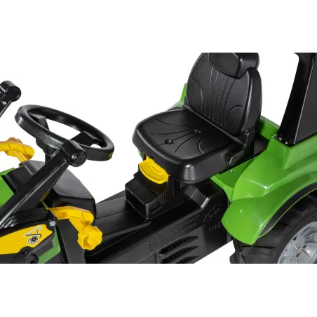 Tractor a pedales infantil Deutz 8280 TTV Rolly Toys con cargador frontal desmontable y ruedas neumáticas.