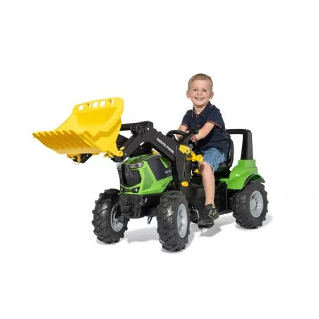 Tractor a pedales infantil Deutz 8280 TTV Rolly Toys con cargador frontal desmontable y ruedas neumáticas.