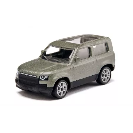 Miniatura Land Rover Defender 90 P400 verde Pangea de metal con techo acristalado y rueda de repuesto.