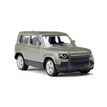 Miniatura Land Rover Defender 90 P400 verde Pangea de metal con techo acristalado y rueda de repuesto.
