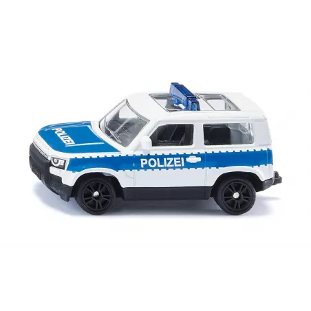Vehículo de juguete Land Rover Defender Policía Federal Siku de metal con barra de luces azul y ruedas de goma.