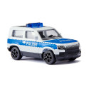 Vehículo de juguete Land Rover Defender Policía Federal Siku de metal con barra de luces azul y ruedas de goma.