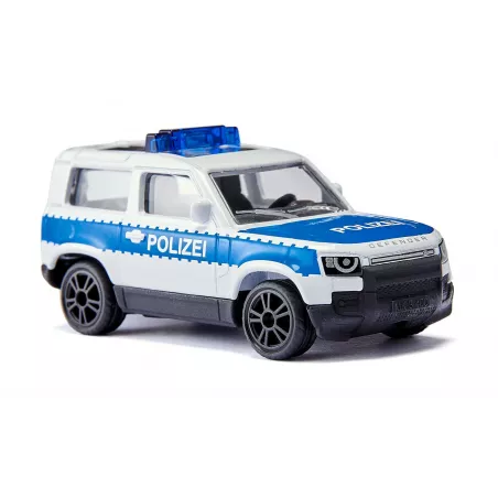 Vehículo de juguete Land Rover Defender Policía Federal Siku de metal con barra de luces azul y ruedas de goma.