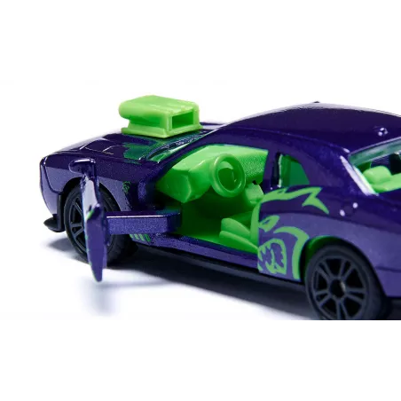 Dodge Challenger SRT Hellcat Siku personalizado violeta y verde a escala con puertas practicables