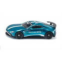 Miniatura de Aston Martin Vantage GT4 azul metálico con alerón trasero y llantas deportivas de competición.