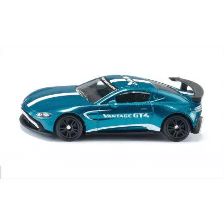 Miniatura de Aston Martin Vantage GT4 azul metálico con alerón trasero y llantas deportivas de competición.