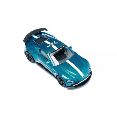 Miniatura de Aston Martin Vantage GT4 azul metálico con alerón trasero y llantas deportivas de competición.