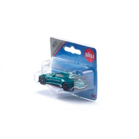 Miniatura de Aston Martin Vantage GT4 azul metálico con alerón trasero y llantas deportivas de competición.