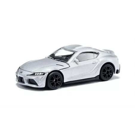 Coche a escala Toyota GR Supra en color plata carbón con carrocería de metal fundido y llantas de goma.