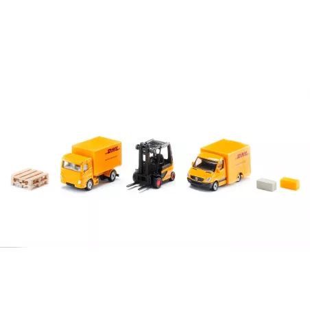 Conjunto de logística de DHL de Siku con camión de transporte, carretilla elevadora y furgoneta de juguete.