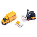 Conjunto de logística de DHL de Siku con camión de transporte, carretilla elevadora y furgoneta de juguete.