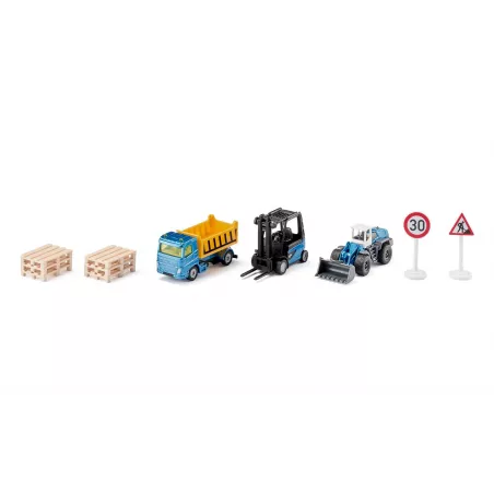 Set de construcción Siku con camión, carretilla elevadora y cargadora de juguete en color azul metálico