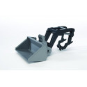 Cargador frontal de juguete para tractores pequeños Bruder, ideal para levantar y transportar materiales.