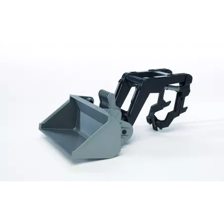 Cargador frontal de juguete para tractores pequeños Bruder, ideal para levantar y transportar materiales.