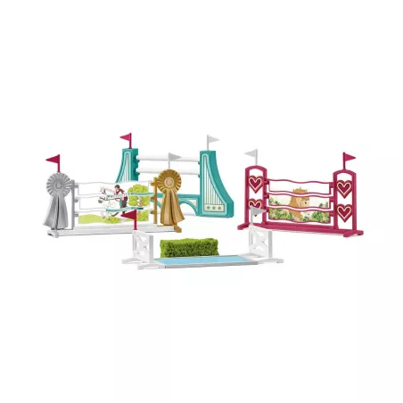 Set de obstáculos de hípica de juguete con vallas regulables y setos para figuras ecuestres.
