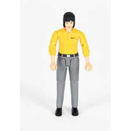 Figura de pasajera Bruder escala 1:16 con extremidades articuladas para vehículos de juguete.