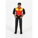 Figura articulada de conductor de DHL de juguete marca Bruder para vehículos de reparto.