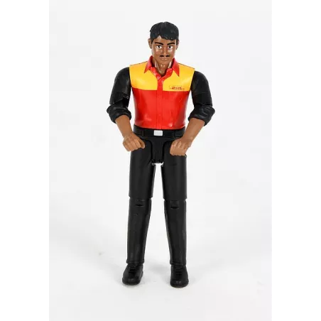 Figura articulada de conductor de DHL de juguete marca Bruder para vehículos de reparto.