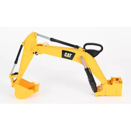 Excavadora de cangilones CAT de juguete con brazo de cuchara articulado y cabina giratoria.