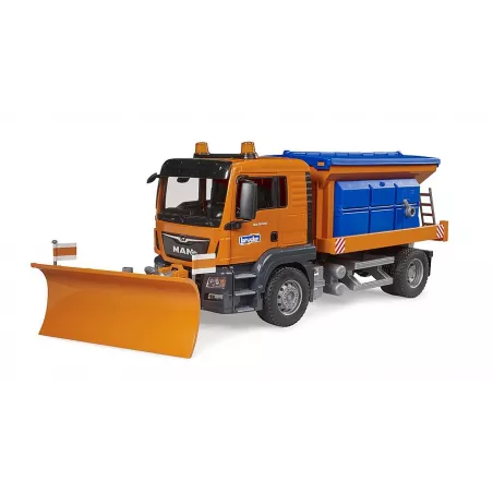 Camión de juguete MAN TGS de Bruder para servicio de invierno con pala niveladora y esparcidor a escala 1:16.