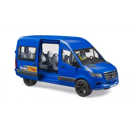 Juguete Mercedes-Benz Sprinter Transfer de Bruder con figura de conductor y puerta corredera.