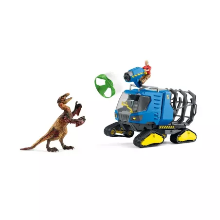 Vehículo oruga de juguete Schleich con cabina elevable y jaula de transporte para capturar dinosaurios.