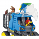 Vehículo oruga de juguete Schleich con cabina elevable y jaula de transporte para capturar dinosaurios.