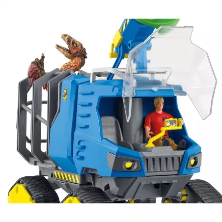 Vehículo oruga de juguete Schleich con cabina elevable y jaula de transporte para capturar dinosaurios.