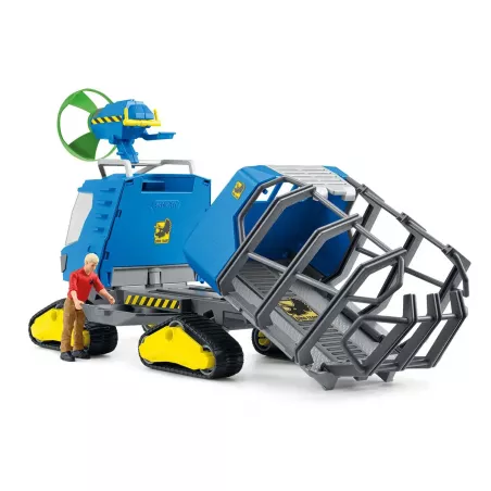 Vehículo oruga de juguete Schleich con cabina elevable y jaula de transporte para capturar dinosaurios.