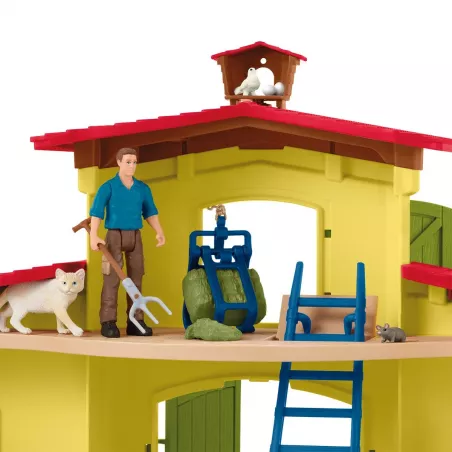 Establo de juguete grande con figuras de animales, granjero Paul y accesorios de granja.