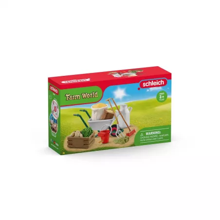 Set de utensilios de limpieza de establo de juguete Schleich con carretilla, horca y accesorios de granja.