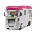 Autocaravana de juguete con zona para caballos, tres figuras de caballos, personajes y accesorios.