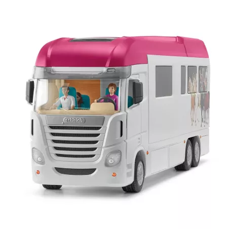 Autocaravana de juguete con zona para caballos, tres figuras de caballos, personajes y accesorios.
