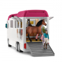 Autocaravana de juguete con zona para caballos, tres figuras de caballos, personajes y accesorios.