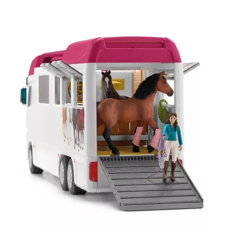 Autocaravana de juguete con zona para caballos, tres figuras de caballos, personajes y accesorios.
