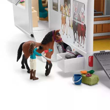 Autocaravana de juguete con zona para caballos, tres figuras de caballos, personajes y accesorios.