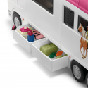 Autocaravana de juguete con zona para caballos, tres figuras de caballos, personajes y accesorios.