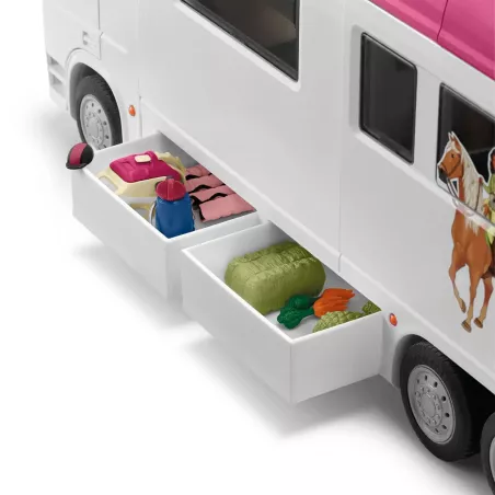 Autocaravana de juguete con zona para caballos, tres figuras de caballos, personajes y accesorios.