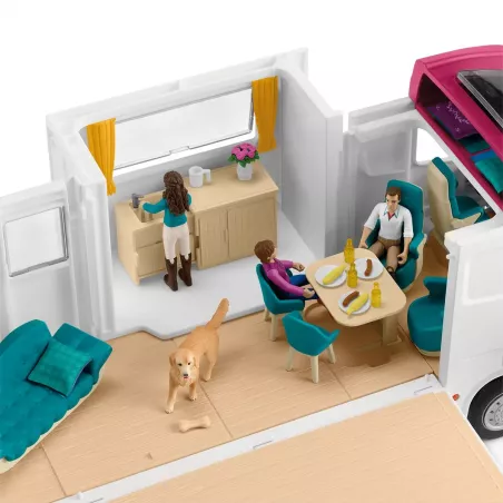 Autocaravana de juguete con zona para caballos, tres figuras de caballos, personajes y accesorios.