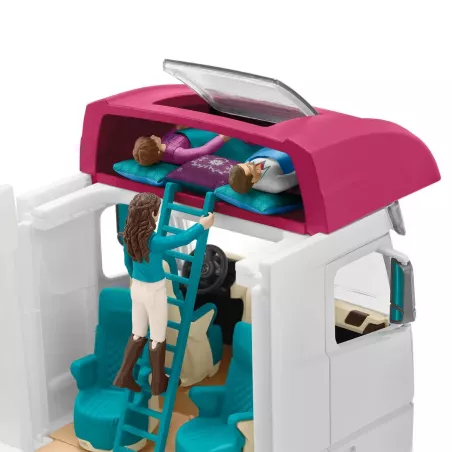 Autocaravana de juguete con zona para caballos, tres figuras de caballos, personajes y accesorios.