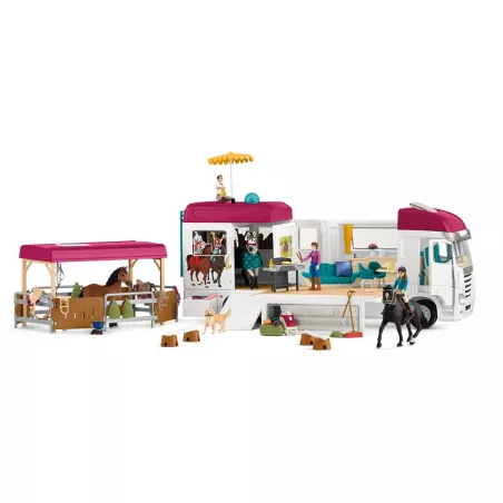 Autocaravana de juguete con zona para caballos, tres figuras de caballos, personajes y accesorios.