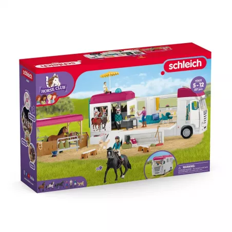 Autocaravana de juguete con zona para caballos, tres figuras de caballos, personajes y accesorios.
